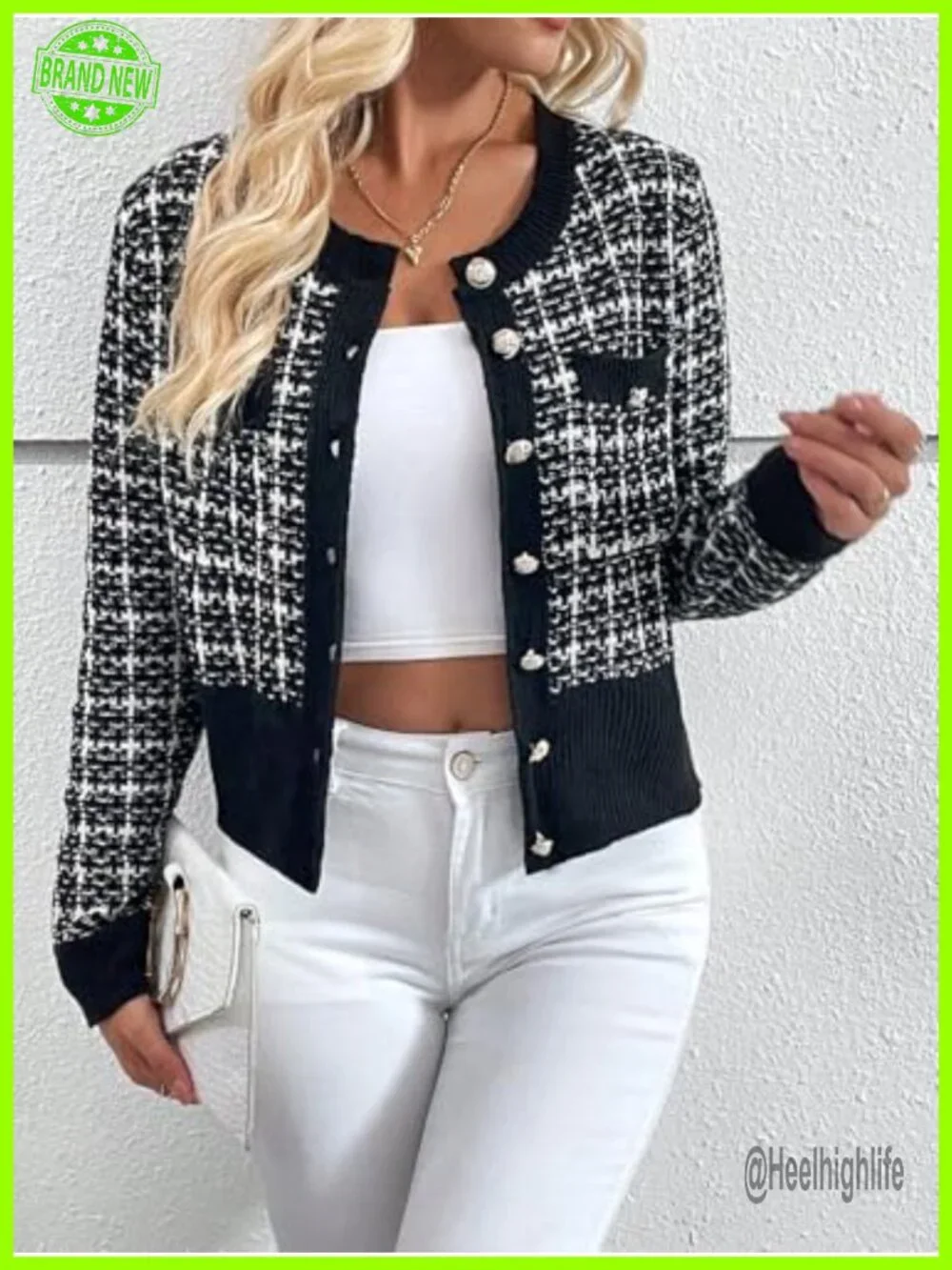 Tweed Plaid Cardigan Blazer Button Front Long Sleeve Knit Jacket